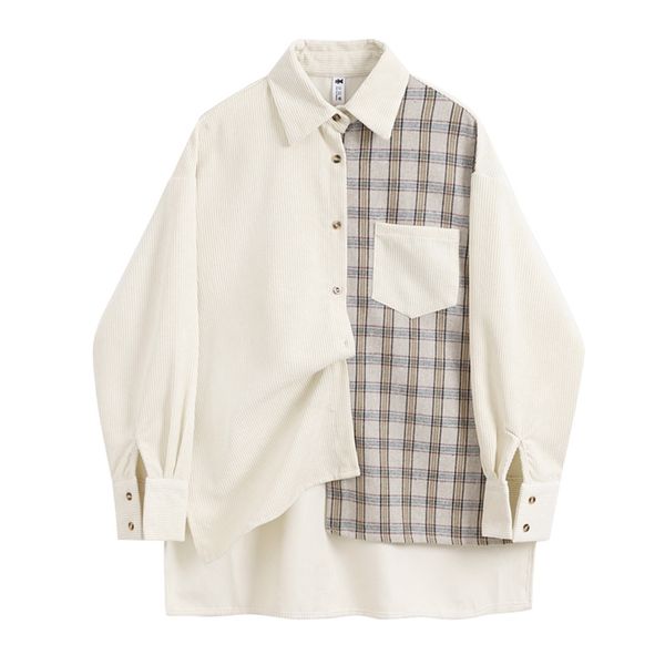 

oversize corduroy shirt khaki striped blouse long sleeve stitching plaid women's shirt fashion tide spring autumn 210401, White