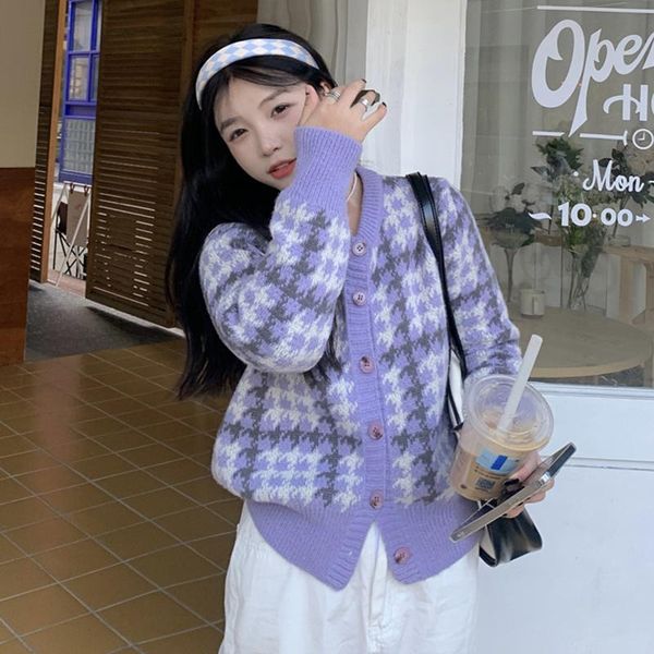 

women's knits & tees autumn korean cardigan sweater 2021 fashion versatile loose simple v-neck single breasted purple long sleeve, White