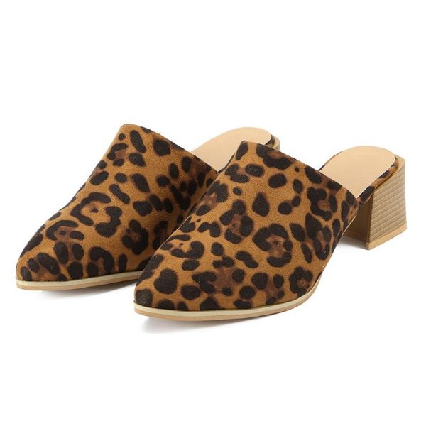 

slippers women's fashion casual retro slip on pumps shoes mid heel comfort pointe leopard square sandals zapatos mujer, Black