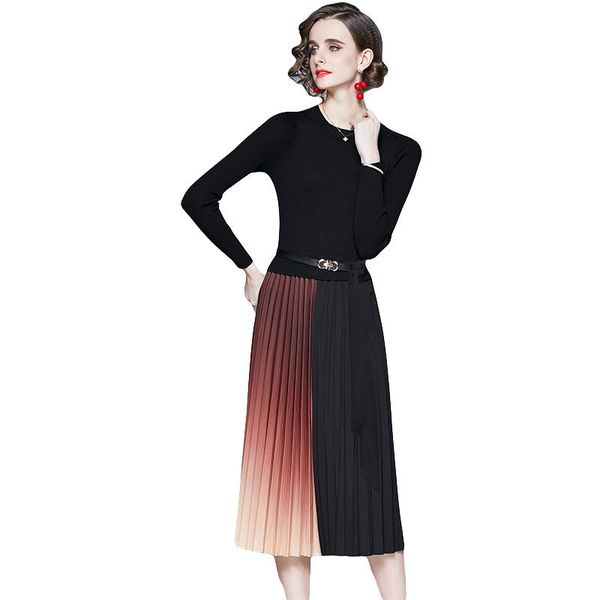 

fashion designer women autumn elegant pleated dress woman knitted office party robe female vintage patchwork dresses vestidos casual, Black;gray
