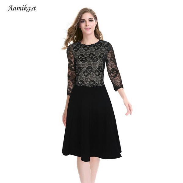 

casual dresses aamikast women o-neck three quarter lace patchwork rockabilly fashion 2021 elegant, Black;gray