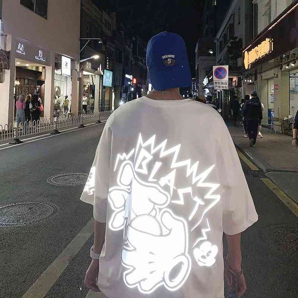 

guochao hip hop short men's 2021 summer new high street reflective t-shirt women's trend lovers half sleeve top, Gray