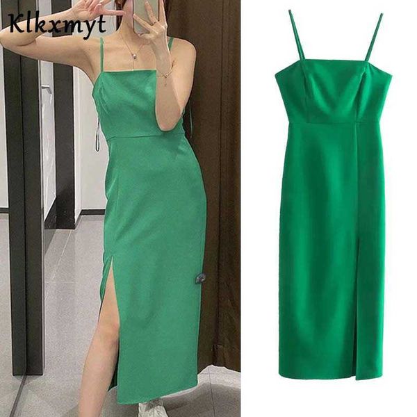 

klkxmyt za green pencil midi slip dress women elegant straps backless party dresses ladies front slit summer long 210527, Black;gray