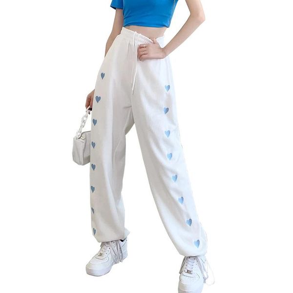 

women's pants & capris s-5xl white sports women spring summer heart print loose feet straight trouser elastic waist casual pant plus si, Black;white