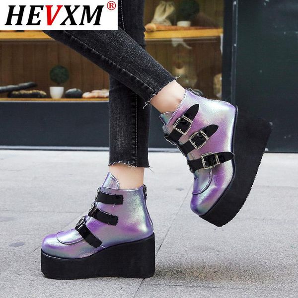 

boots hevxm fashion female platform classic wedges ankle women 2021 metal buckle autumn shoes woman, Black