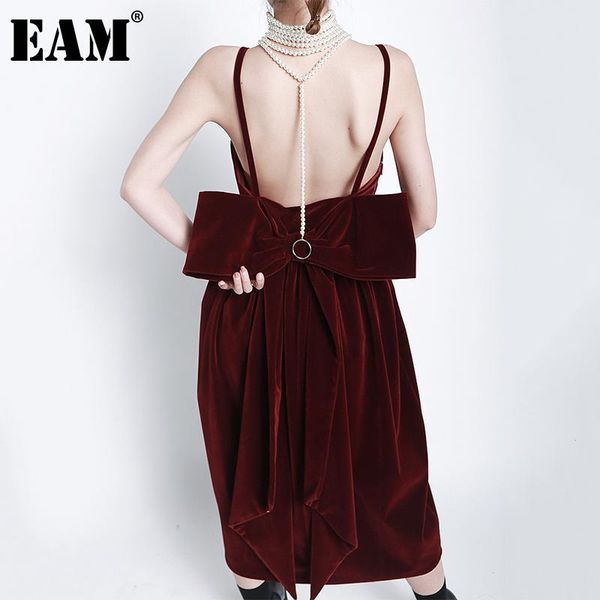 

[eam] women corduroy backless big bow decoration spaghetti strap dress v-neck sleeveless fashion spring autumn 2021 1dd3203 casual dresses, Black;gray