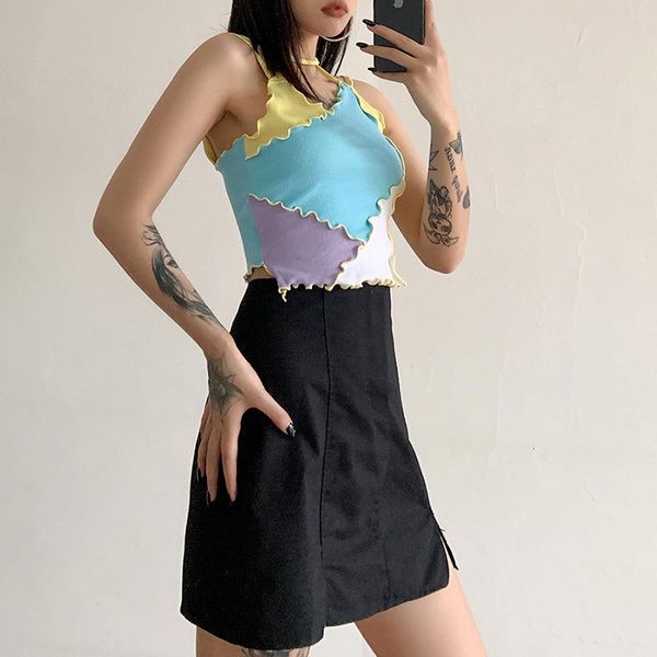 

summer sweet cute patchwork shoulder tee shirts contrast color fashion stitching halter vest casual long sleeve crop women's t-shirt, White