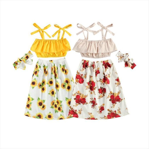 

summer holiday kids girls clothes sets 3pcs flowers print strap sleeveless vest ankle length skirts headband, White