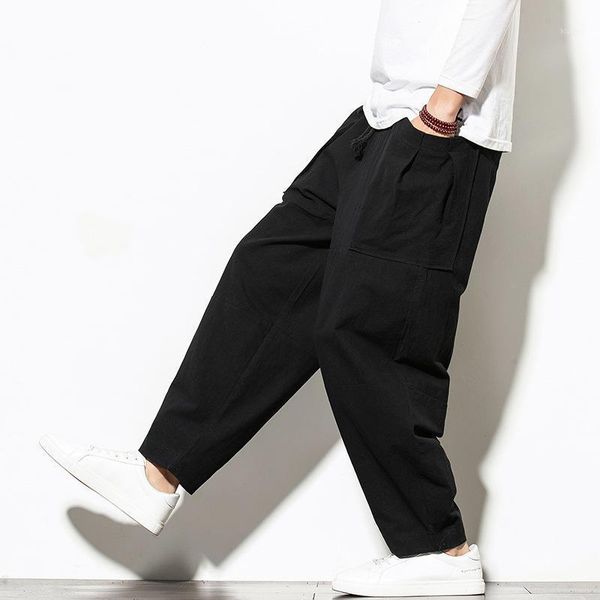 

men's pants 20220 spring and autumn leisure pants, wide leg loose large size stitching fashion, cotton linen, Black