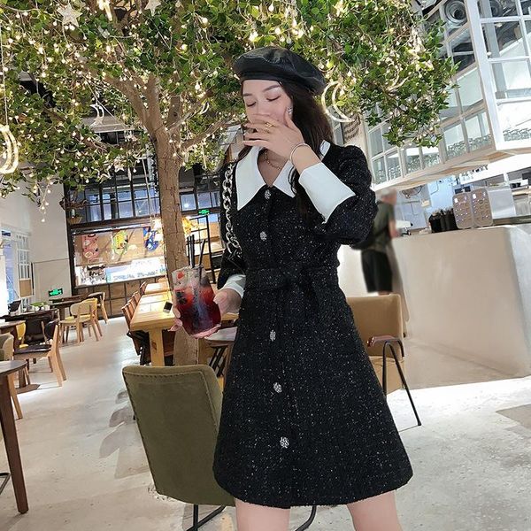 

fashionable celebrities small sweet wind of fund 2021 autumn winters is big lapel tweed show thin waist dress casual dresses, Black;gray