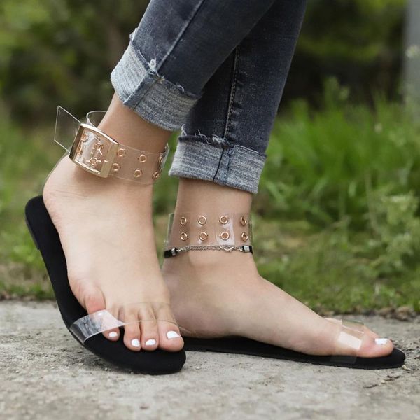 

sandals summer beach female women transparent flat gladiator open toe clear jelly shoes ladies roman buckle strap, Black