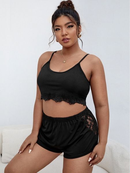 

plus contrast lace cami pj set k8aw#, Black;white