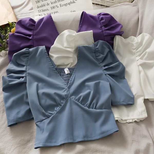 

women's blouses & shirts women fashion outdoor casual v-neck puff sleeves solid pleated blouse ladies sweet girls student elegant daily, White