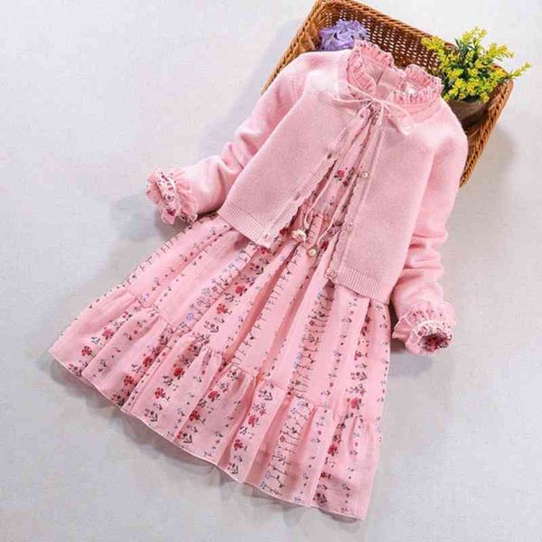 Дети девушка одежда 2 кусок набор розовый вязаный кардиган свитер пальто и длинный рукав печати цветок платье принцессы для одежды для девочек 210713