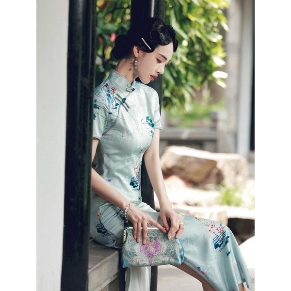 

ethnic clothing printed cheongsam autumn slim fit high slit qipao chinese dress wedding, Red
