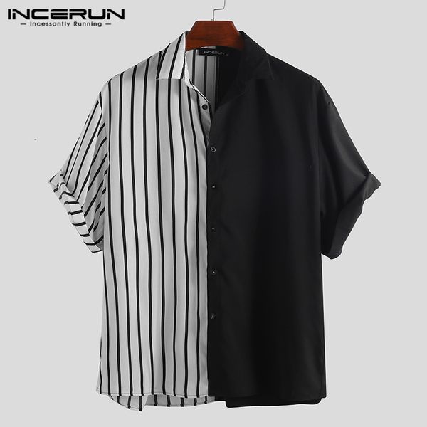 

incerun fashion striped patchwork shirt personality short sleeve loose button casual brand shirts men camisa masculina 200925, White;black