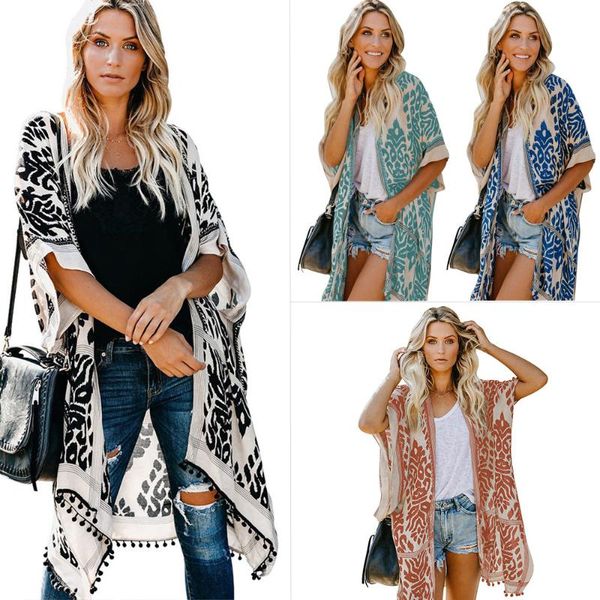 

women's swimwear seaside holiday cardigan short-sleeved sunscreen printed beach hoodie in the long coat woman women chiffon floral cove, White;black