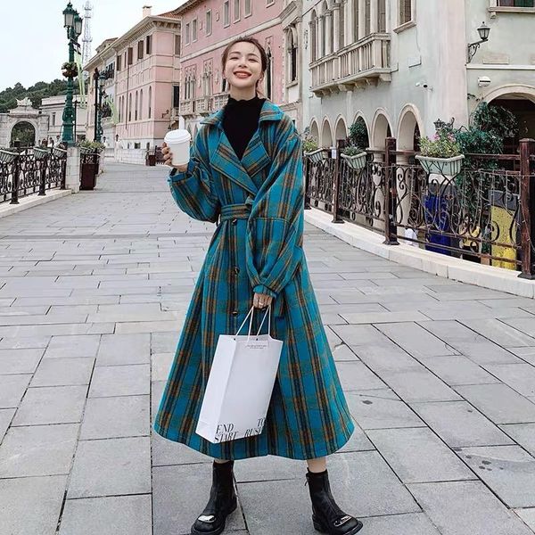 

women's wool & blends autumn winter style suit collar coat korean temperament loose casual long section over the knee thin jacket femal, Black