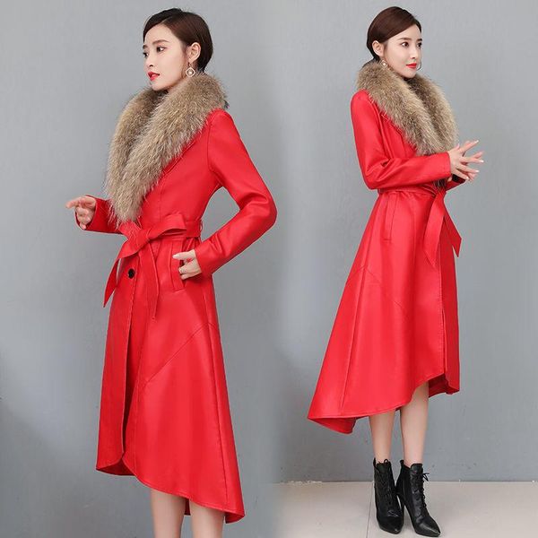 

women's trench coats women leather long outerwear sashes oversized winter sheepskin fur collar lady windbreaker female overcoat, Tan;black