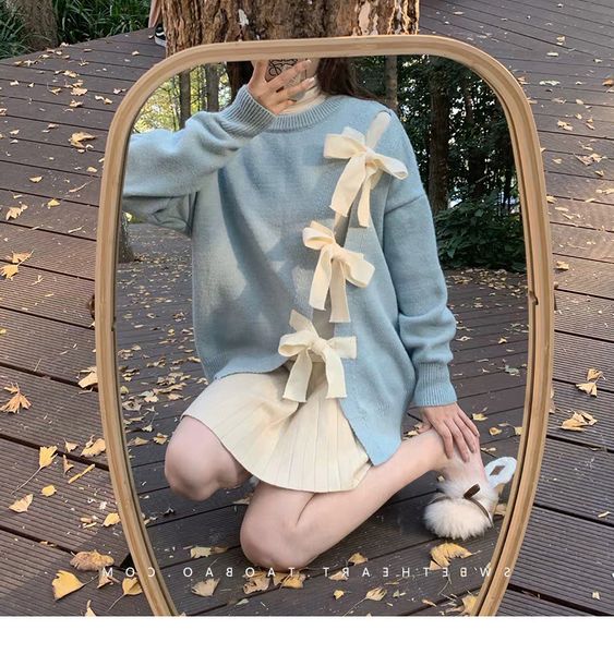 

sweater knit 2021 autumn and winter round neck split bow irregular women's sweet super fairy temperament wearing outside, White;black
