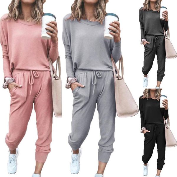 

2pcs set casual suits women tracksuits pants solid color o neck long sleeve shirt drawstring tracksuit for sports female, Gray