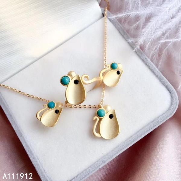 

fine jewelry natural blue turquoise 925 sterling silver women pendant earrings ring mouse set support test luxury bracelet, & necklace, Black