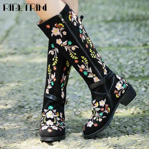

boots large size 34-46 female chunky heels embroider zip buckle shoes coe suede women rivet boots, Black