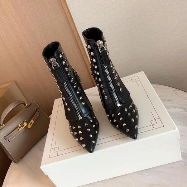 

boots winter zapatos de mujer genunie leather mid-calf rivet woman pointed toes stiletto heels motorcyle, Black