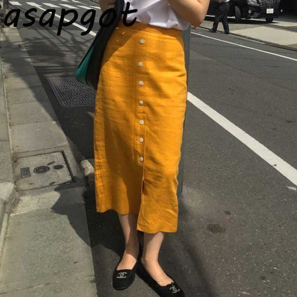 Chic estate coreana Wrap Hip Slim vita alta giallo monopetto in cotone e gonna di lino Mujer Faldas Retro Office Lady Fashion 210610