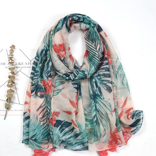 

2019 spring and summer cotton linen female tourism bali yarn leaf printing sunscreen shawl silk scarf, Blue;gray