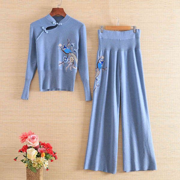 

pants autumn woman two pieces knitting set wool embroidery magpie elegant loose wide leg pants lady suit female s-2xl, White