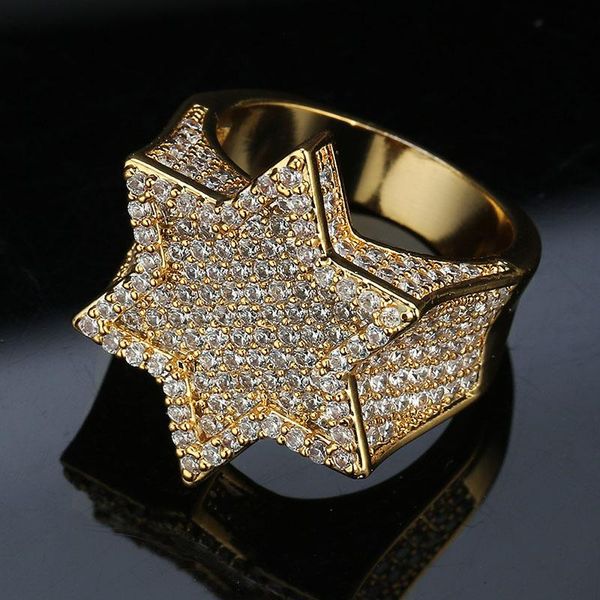 

cluster rings fashion iced out hexagon star for men/women micro paved gold silver color finish cubic zircon charm hip hop jewelry ring, Golden;silver