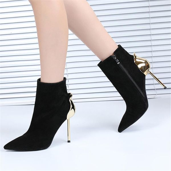 

boots luxury suede winter for girls women metal leaf thin high heels side zip pointed toe short booties woman 31mt, Black