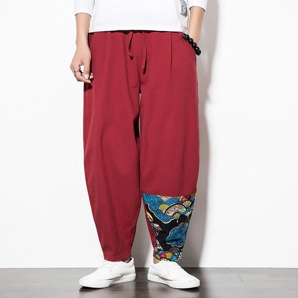 

spring and summer style chinese men's pants cotton linen ethnic retro stitching printed lantern wide-leg, Black