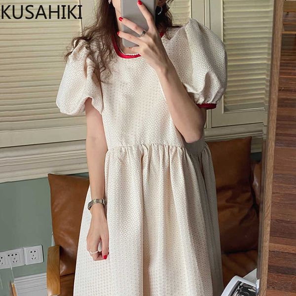 

kusahiki women dress korean dot sweet high waist a-line dresses causal puff sleeve o-neck summer vestido de mujer 6h794 210602, Black;gray