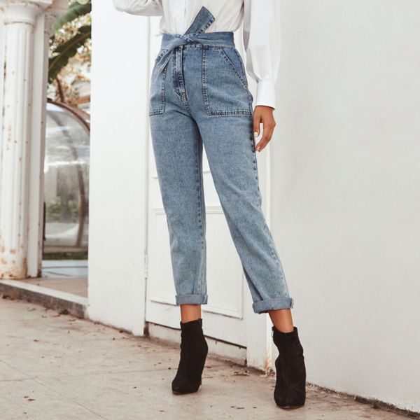 

autumn new high waist jeans women casual denim bow knot pants belt strap retro jeans ladies pants loose pants 210419, Blue