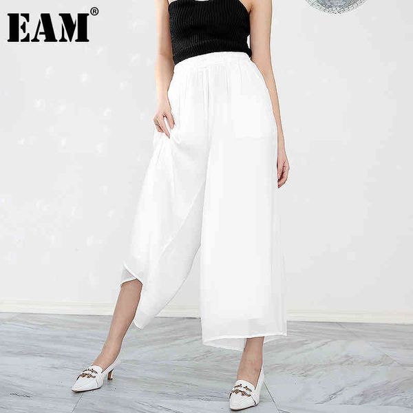 

[eam] high elastic waist white leisure long wide leg trousers loose fit pants women fashion spring summer 1x8240 210512, Black;white