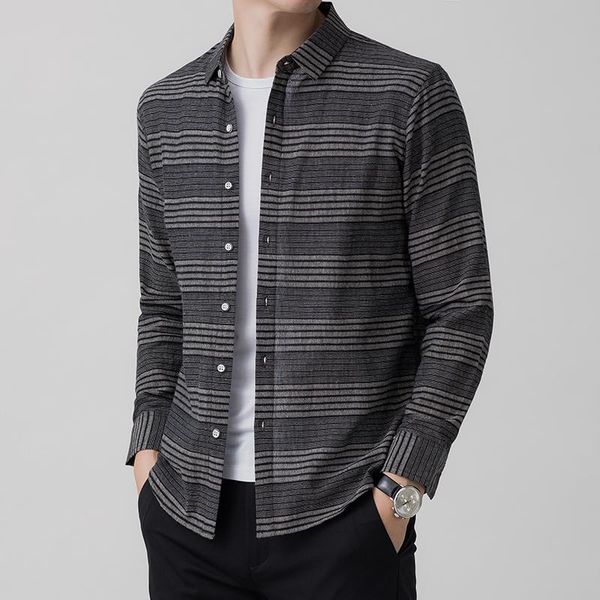 

men's casual shirts 2021 soft linen long sleeve mens fashion autumn striped slim fit shirt male brand clothing, White;black
