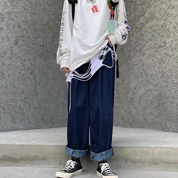 

women's jeans boyfriend for women dark blue harajuku bf retro straight wide leg pants korean style loose all-match