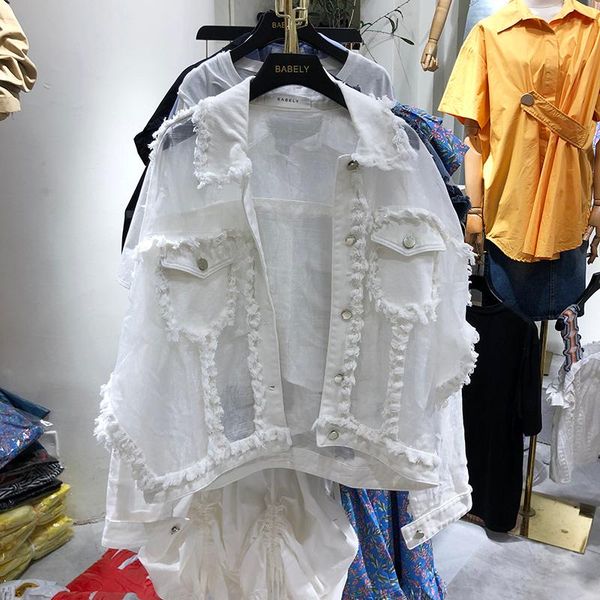 

women's jackets 2021 spring fringed turn down collar chiffon stitching loose sunscreen denim jacket harajuku coat, Black;brown