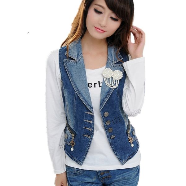 Pérola Destacável Frisada Frisada Denim Colete Moda Slim Waistcoat Botão Do Zíper Do Vintage Jeans Sem Mangas Jaqueta Veste Casaco Femme 210915