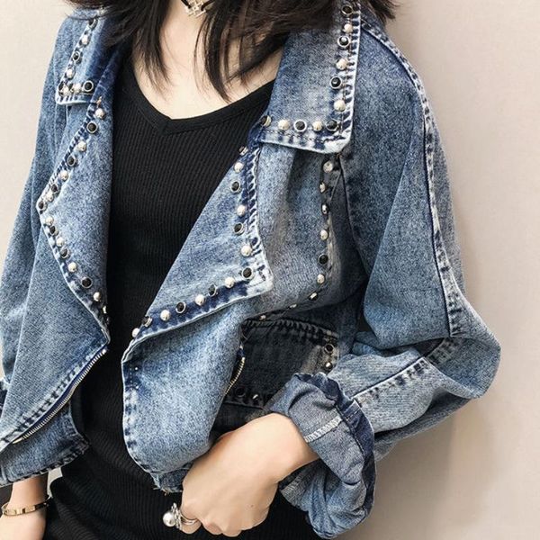 

women's jackets rivet denim jacket autumn loose wild suits collar diamonds beaded jeans coat turn down pearls cardigan bomber crop, Black;brown