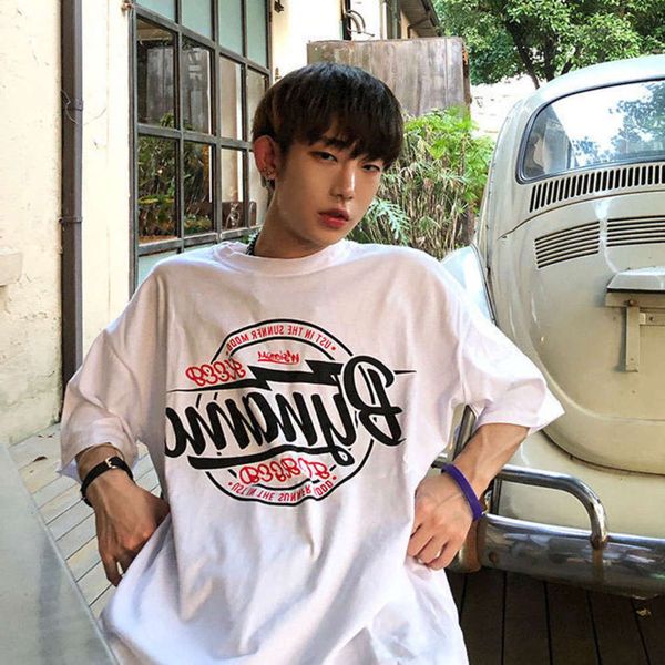 

men's shirt summer short fashion chic t-shirt korean men's loose half sleeve casual couple's wear, White;black