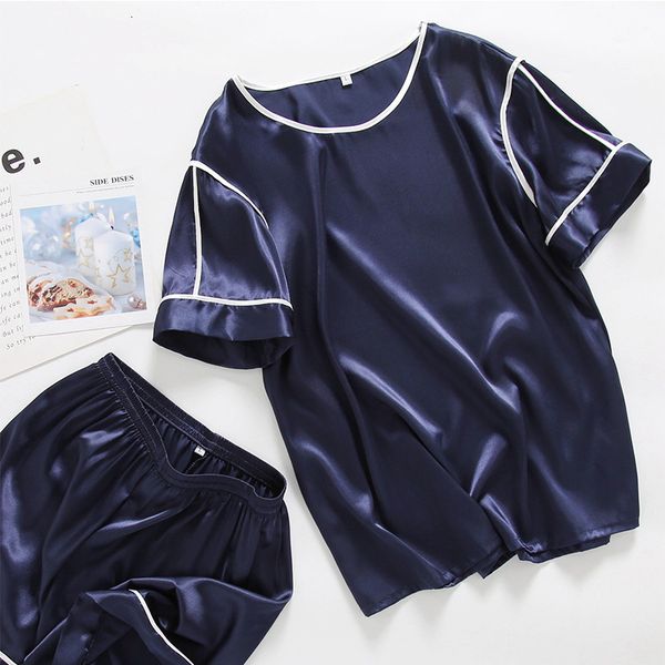 

women's sleepwear large size short sleeve ice silk pajamas for women casual satin nightwear set summer sleepwear home suit pyjama pour, Black;red