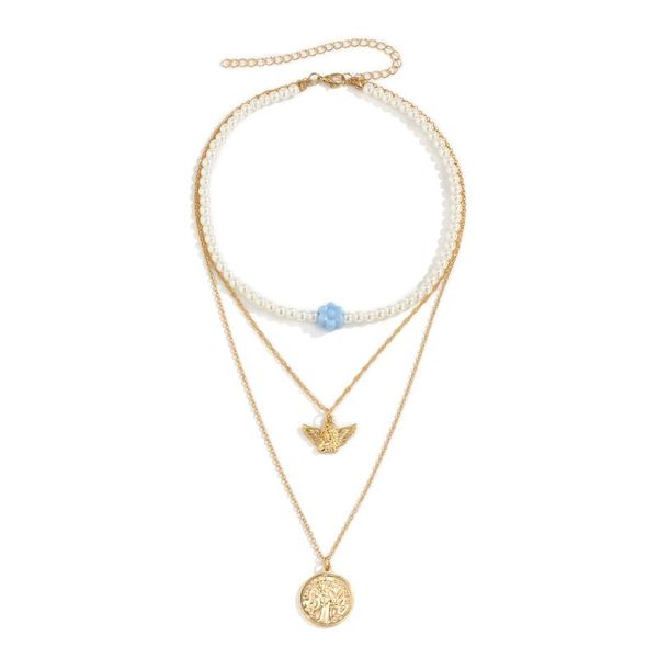 

chains retro creative geometric round brand angel necklace temperament imitation pearl color flower clavicle chain, Silver