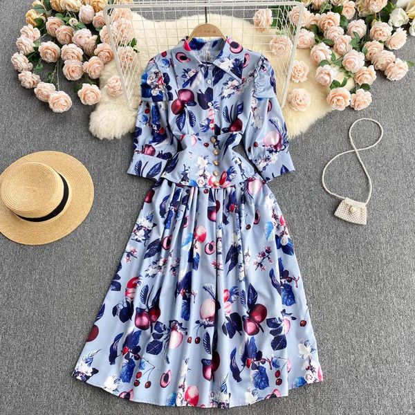 

party dresses women print blue dress collar three quarter sleeve temperment bandage waist female office vestidos 2021 autumn, White;black