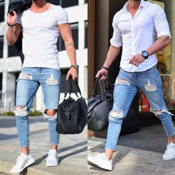 

men's jeans 2021 men fashion stacked skinny ripped male cool denim slacks trousers hip hop retro boyfriend streetwear light blue pants