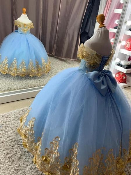 

girl's dresses sky blue puffy tulle off the shoulder flower girl dress gold lace applique satin bow kids princess birthday party, Red;yellow