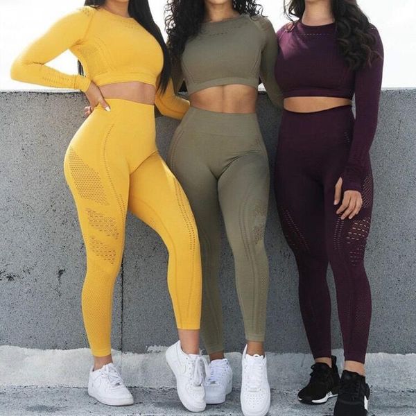 

yoga outfit 2pcs set women seamless leggings sportswear hollow breathable sport clothes high waist pants fitness wear