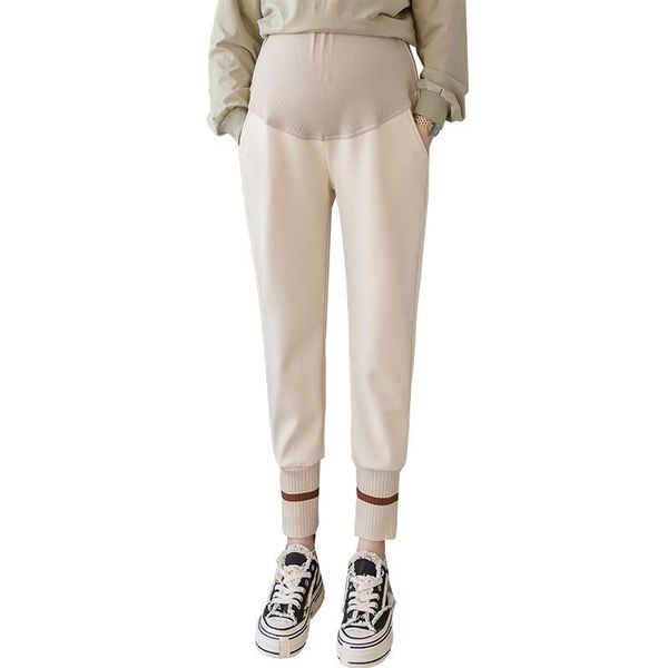 

autumn winter thick woolen maternity trousers elastic waist straight pants for pregnant women casual clother pregnancy wear bottoms, White
